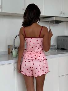 DUSKBASE Valentine's Day Colorblock Frill Trim Heart Print Camisole & Shorts Pajama Set - Pink - View 2
