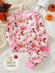 Girls Pumpkin Bow Print Long Sleeve Pants Snug Fit Halloween Style Loungewear Set Festival Outfits Winter Fall - Multicolor - View 3