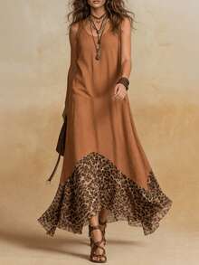 Solivie Women's Retro Boho Vintage Bohemian Leopard Print Dress, Elegant For Summer Holiday, Holiday Vacation Brown Vacation,Dresses For Women Summer Vacation - Brown - View 7