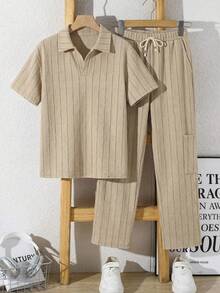 SHEIN 两件套青少年男女童装 - 米色纹理 Polo 衫和阔腿裤运动套装，适合春夏季节、郊游、情人节、约会、旅行、度假、家庭聚会、返校、婚礼、晚宴、运动、生日派对等场合。 - 卡其色 - 查看 3