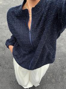 Dazy Plus Plus Size Knitted Jacquard Fabric Loose Long Sleeve Casual Street Style Blogger Spring Autumn Coat - Navy Blue - View 2