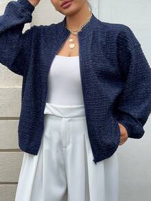Dazy Plus Plus Size Knitted Jacquard Fabric Loose Long Sleeve Casual Street Style Blogger Spring Autumn Coat - Navy Blue - View 5