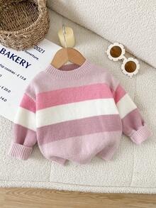 SHEIN LMoss Kids Baby Girls Round Neck Pullover Sweater, Pink Striped, Soft And Comfortable, Suitable For Autumn/Winter - Pink - View 1
