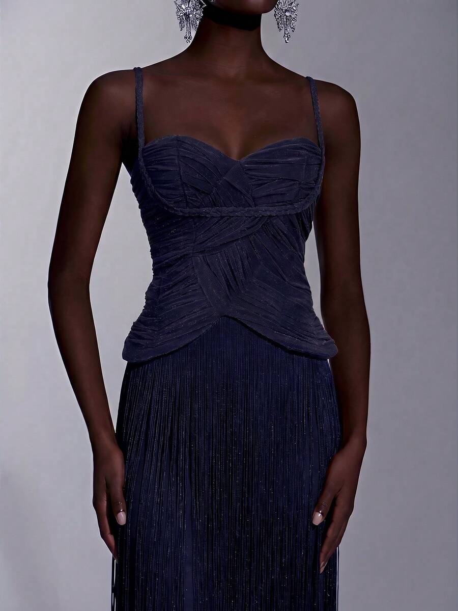 Elitara 優雅奢華針織亮片抹胸式收腰顯瘦抓褶 2 合 1 流蘇裝飾貼臀緊身洋裝,適合晚宴、展覽、商務活動、婚禮、單身派對、度假、約會等場合的女士正式晚禮服 - 藏蓝色 - 查看 1