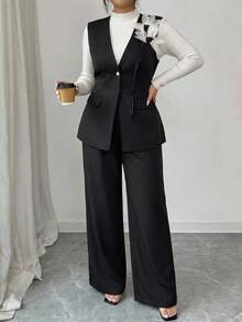 Modelyn Plus Size Women's 3D Floral Decor Vest And Pants Elegant Suit Set - Black - View 5