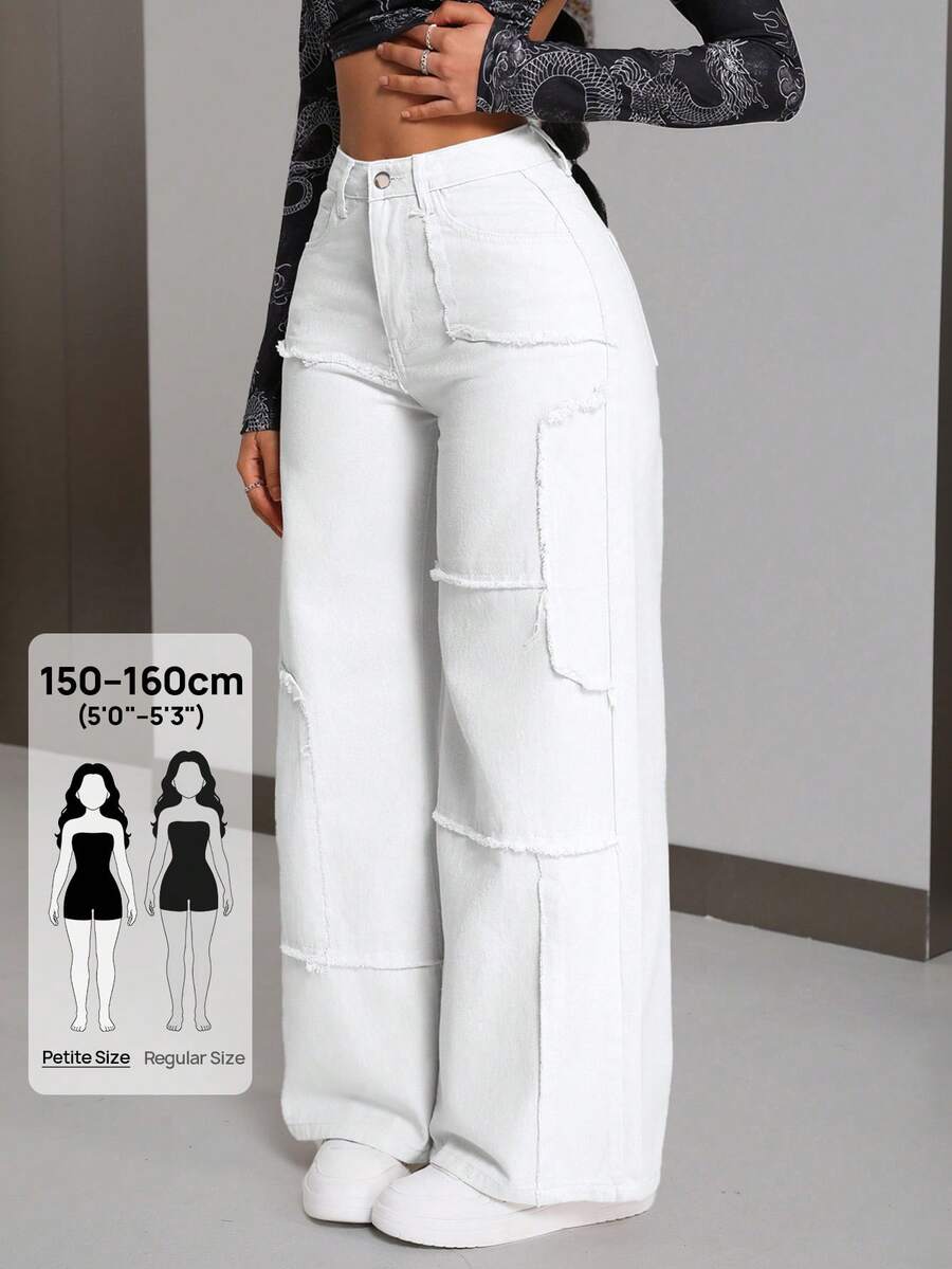 SHEIN ICON 大尺碼時尚百搭鈕扣口袋毛邊鬆垮版牛仔褲 - 白色 - 查看 1