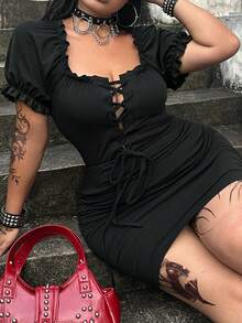 Whyspr Plus Size Dark Black Lace-Up Dress - Black - View 3