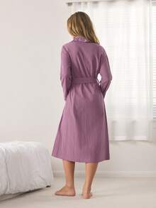 Ocili Women's Solid Color Contrast Lace Long Sleeve Elegant Loungewear Robe - Lilac Purple - View 4