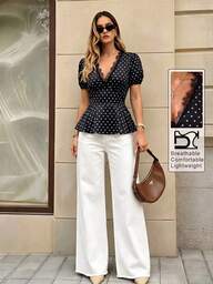 Selenza Blusa elegante de verano para vacaciones para mujer, nueva, vintage, negra con lunares, patchwork de encaje, escote en V profundo, mangas de pétalo, cintura ceñida y volantes