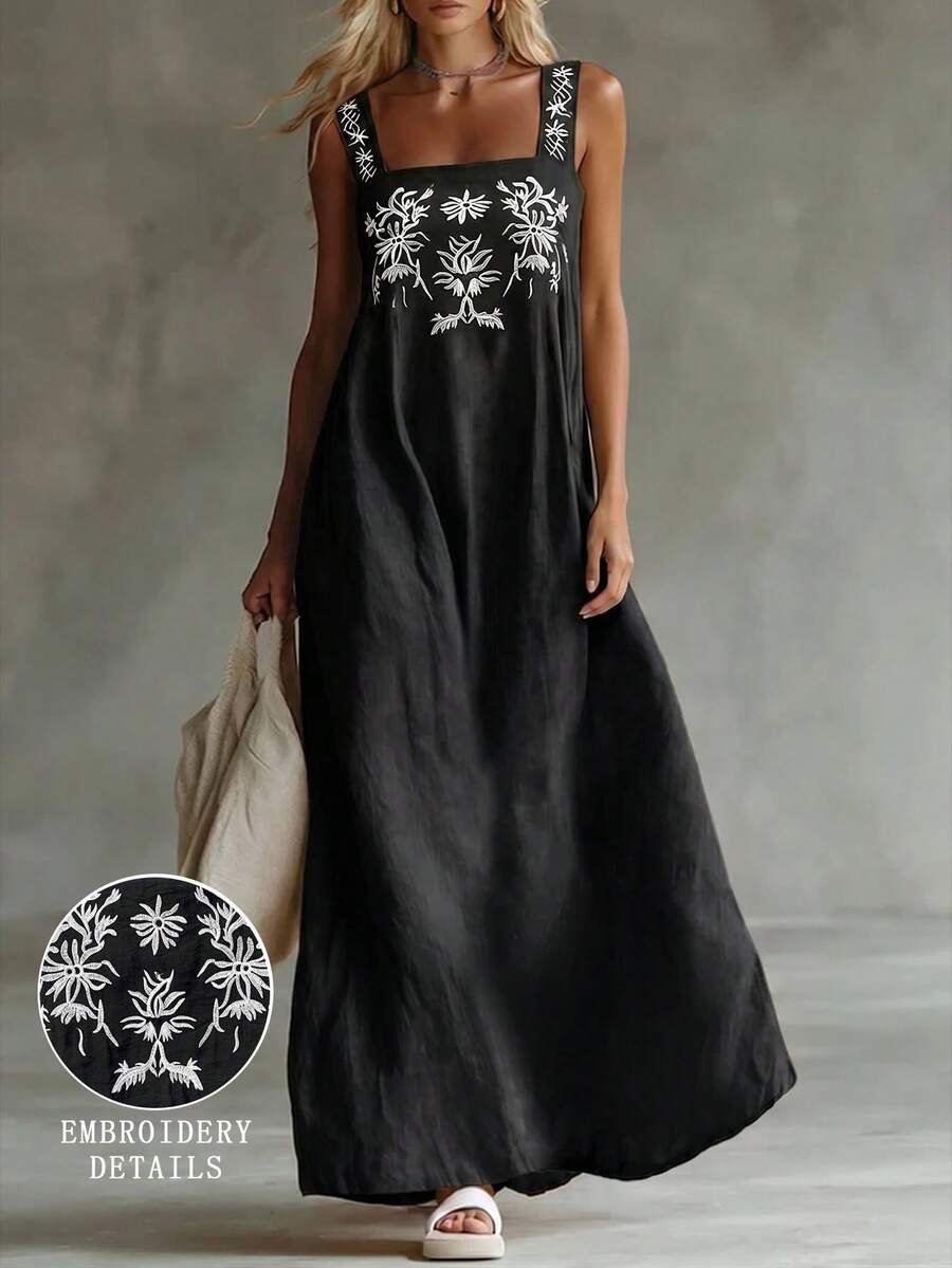 SHEIN LUNE Women's Woven Embroidered Summer Casual Long Dress - Black - View 1