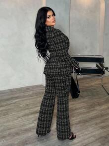 SHEIN SXY 秋冬性感通勤約會深藍色長袖西裝外套、背心與長褲三件套 - 黑與白 - 查看 2