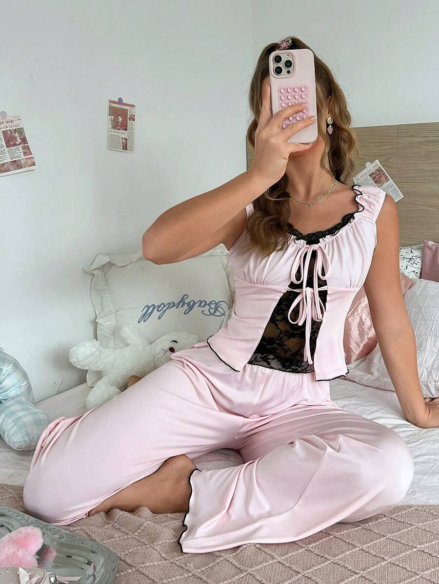 SweetSlumber Women's Sweet Sexy Ins Style Contrast Color Lace Patchwork Short Sleeve Long Pants Pajama Set - Baby Pink - View 1
