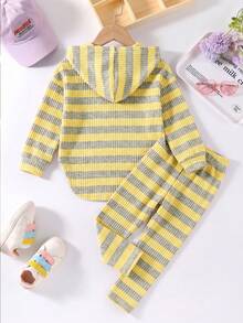 Elladie kids 女童新款黃灰條紋連帽長袖上衣與鬆緊腰休閒寬鬆軟針織長褲 2件套，春/秋 - 彩色 - 查看 2