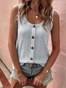 SHEIN LUNE Women's Solid Color Round Neck Button Design Casual Tank Top - Dusty Blue - View 3
