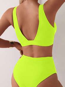 SHEIN Swim 2026春夏 萊姆綠深V領純色性感度假高衩比基尼泳衣兩件套 女款 - 青檸色 - 查看 2