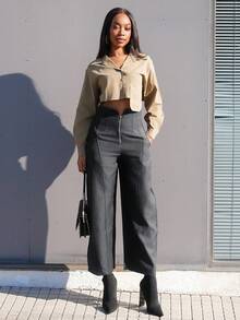 Yess Loren 高腰设计拉链休闲女裤，秋装，返校服 - 深灰色 - 查看 6