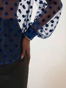 Briarwyn Women's Polka Dot Mesh Tie Neck Long Sleeve Loose Sheer Blouse - Navy Blue - View 8