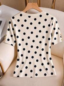 GlowEve Women's Polka Dot Print Short Sleeve Top, Elegant Round Neck Top, Casual Slim Fit, French Vintage Style, Minimalist Classic Black And White Polka Dot Top, Summer Fashion Top, Cuff Button Decoration, Soft And Comfortable Fabric, Suitable For Commuting, Office, Business Casual, Daily Wear, Dating, Gathering, Vacation, Travel And More - Apricot - View 2