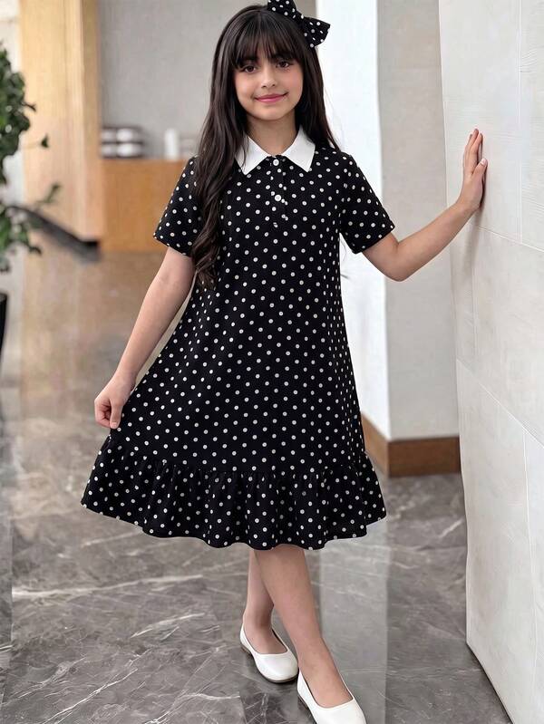 SHEIN Kids Tween Girl Polo Collar Contrast Color Patchwork Black & White Polka Dot Print Loose A-Line Ruffle Hem Dress Casual Preppy Commute Fashion Back To School
