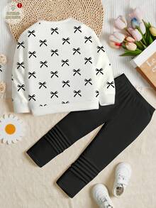SHEIN Leap Crew 2 件套青少年女孩休闲蝴蝶结装饰圆领舒适长袖运动衫和紧身裤套装，适合秋冬季 - 彩色 - 查看 3