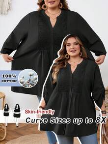 SHEIN CURVE+ Curve Size US22 音樂節海邊度假波希米亞風優雅休閒純色蕾絲拼接前扣式寬鬆襯衫 秋季黑色 - 黑色 - 查看 1