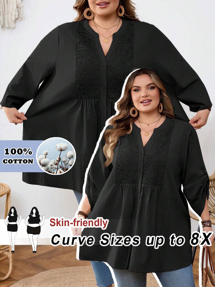SHEIN CURVE+ Curve Size US22 音樂節海邊度假波希米亞風優雅休閒純色蕾絲拼接前扣式寬鬆襯衫 秋季黑色 - 黑色 - 查看 1