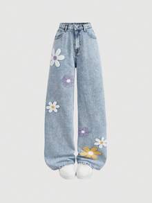 SHEIN Girlism 青少年女孩 Y2K 立體花卉圖案藍色寬鬆舒適牛仔褲 - 藍色 - 查看 3