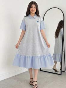 青少年女孩 Polo 領條紋刺繡圖案短袖中長洋裝，適合青少年女孩，對比色荷葉領花瓣袖印花洋裝，適合學校、戶外活動、購物，鈕扣洋裝 - 彩色 - View 10
