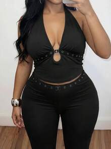 Slaydiva New Spring/Summer Women's Plus Size Two Pieces Set Sexy Halter Neck Top With Eyelet Webbing Flared Pants Pantsuit Suspender Top Set Solid Black - Black - View 3