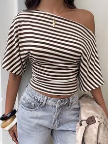Aloruh Women's Asymmetrical Shoulder Loose Top With Ruched Waist, Simple Basic T-Shirt - Coffee Brown - View 4