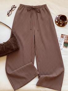 SHEIN EZwear 秋季新款女式休閒極簡棕色條紋腰綁帶直筒長褲，適合秋季，秋季長褲，適合日常通勤、聚會、秋冬/夏季、聖誕節、新年、感恩節、派對、婚禮、海灘、畢業典禮、優雅、外出、約會、通勤、情人節、優雅、度假、Y2K、畢業典禮 - 彩色 - 查看 7