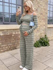 Lyckli Women's Maternity 2-Piece Casual Set: Striped Asymmetric-Neck Long-Sleeve T-Shirt & Drawstring-Waist Pants (Autumn) Fall - Green - View 10