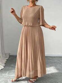 Elenzga Plus Size Solid Color Elegant Chiffon Pleated Dress, Spring/Summer - Champagne - View 4