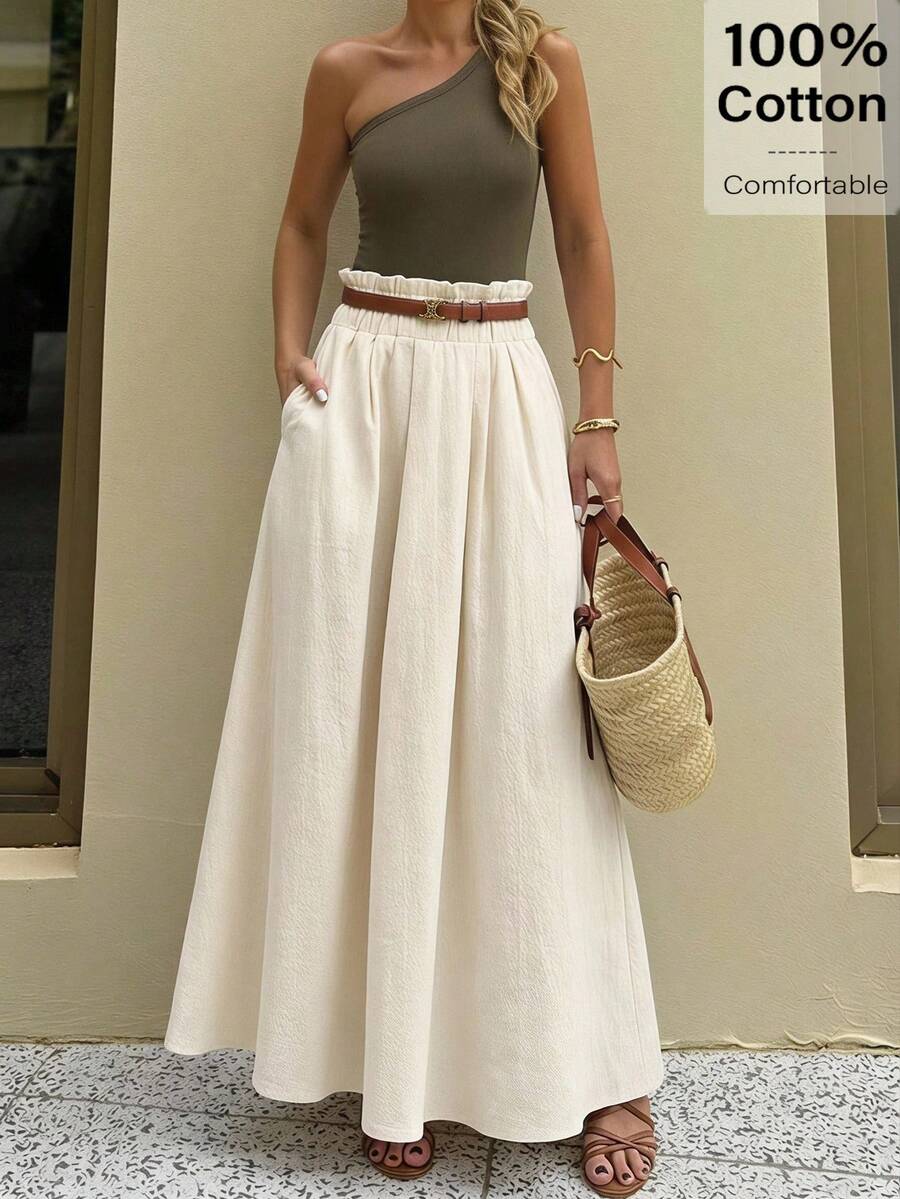 Siren Gaze 夏季女士服装休闲 A 字形亚麻中长裙,适合夏季海滩高腰宽松 - 米色 - 查看 1