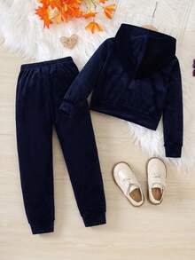 SHEIN Elladie kids Setelan Kasual Sehari-hari 2 Potong untuk Anak Perempuan: Atasan Lengan Panjang Berkerudung dan Celana Motif Kupu-kupu - Navy Blue - View 2