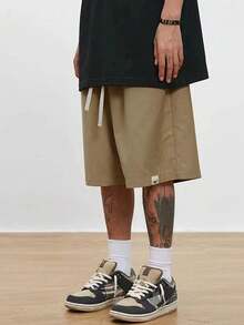 TOKVUE Loose Men's Shorts With Letter Patchwork And Drawstring Waist - Khaki - View 2