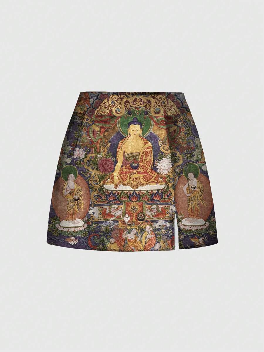 ROMWE Avant 新款中式宗教風暗黑神秘森林印花性感開衩迷你裙女款 - 棕色 - 查看 1