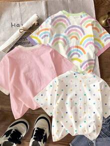 可愛彩虹獨角獸「Pre School Here I Come」小女孩休閒圓領短袖T恤3件組，適合日常穿著、返校季，甜美女孩風，時尚女童校園穿搭 - 彩色 - 查看 2