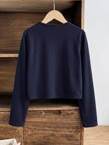 SHEIN 兒童青少年女孩休閒日常百搭純色百褶圓領前開扣短版七分袖秋季外套，返校季 - 藍色 - 查看 9