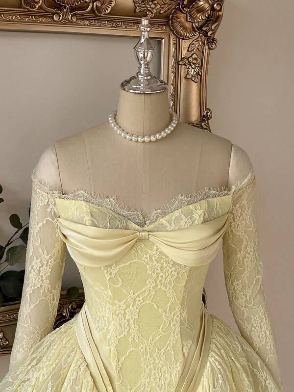 Lovelzi Elegant Romantic Yellow Lace Corset Mini Dress Long Sleeve Sheer Mesh A-Line Ruffle Skater Bow Women Homecoming Prom Wedding Party Dress