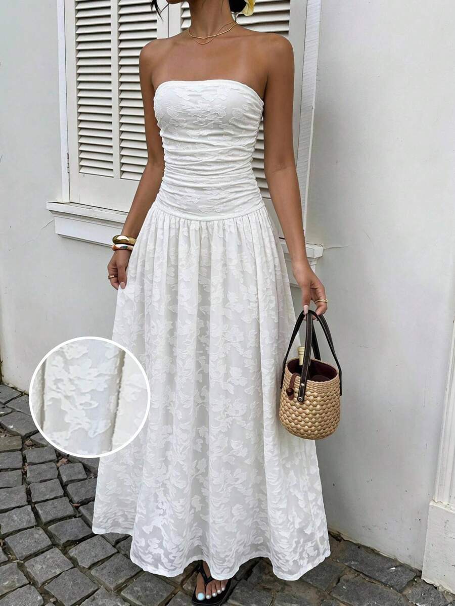 SHEIN EZwear 女款法式熱帶優雅甜美花卉鏤空百褶抹胸洋裝 白色夏季婚禮海灘度假風 - 白色 - 查看 1