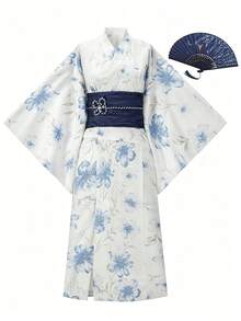 Irokai 日式女款傳統花卉印花和服浴衣 - 淺藍色 - 查看 5