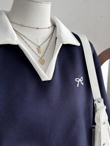 Tween Girl Casual Versatile Blue Tone Collared Preppy Style Back To School Embroidered Sweatshirt Fall/Winter - Blue - View 6
