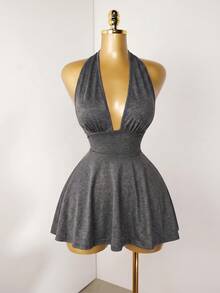 Mistrie Black Tight-Fitting Romper With Deep V-Neck, Backless Strap - Dark Grey - View 7