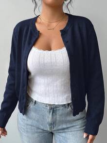 SHEIN Tall CURVE 大尺碼女款純色休閒百搭日常長袖開襟衫 - 藏蓝色 - 查看 6