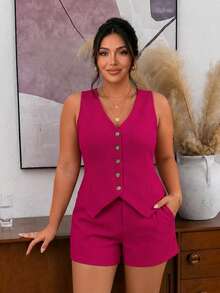 Lounesse Chaleco de traje casual de talla grande, conjunto de 2 piezas - Rosa Fucsia - Ver 1