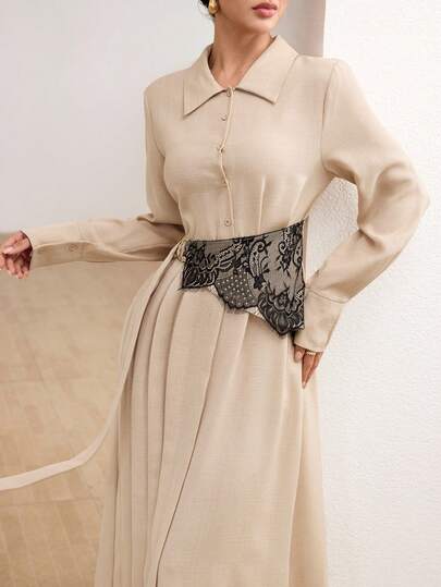 Graceveil Robe longue de couleur unie avec ceinture en dentelle à la taille pour femmes