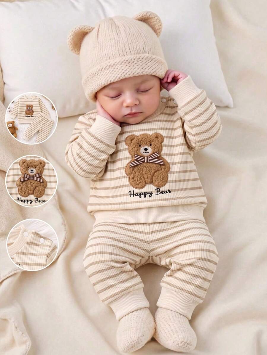 SHEIN Vintaside Kids 2件組新生兒男嬰米色針織羅紋圓領長袖褲裝休閒可愛趣味熊刺繡蝴蝶結裝飾復古韓系時尚套裝 - 米色 - 查看 1