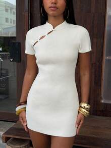 SHEIN BAE Vestido de suéter ajustado de punto acanalado para mujer con cuello alto y escote asimétrico - Beis - Ver 6