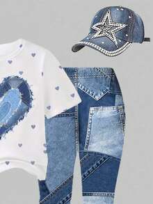 SHEIN Elladie kids 2件組復古愛心印花T恤與喇叭褲套裝，可愛夏季返校女孩穿搭，Y2K校園風，新款圓領短袖T恤搭配鬆緊腰喇叭長褲，簡約百搭時尚通勤套裝 - 彩色 - 查看 5